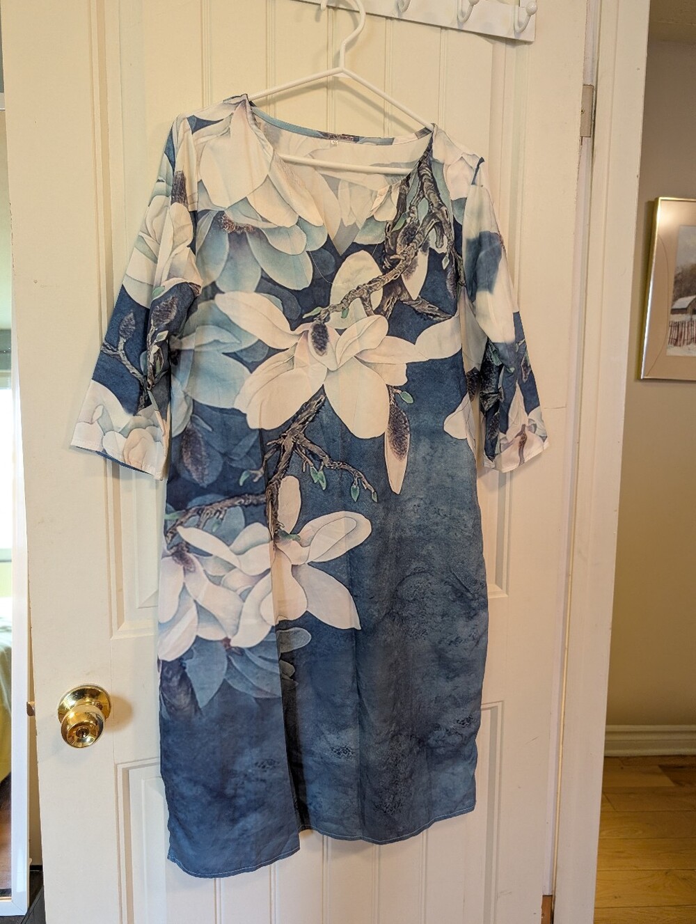 Blue Floral Midi Dress with White Magnolia Print